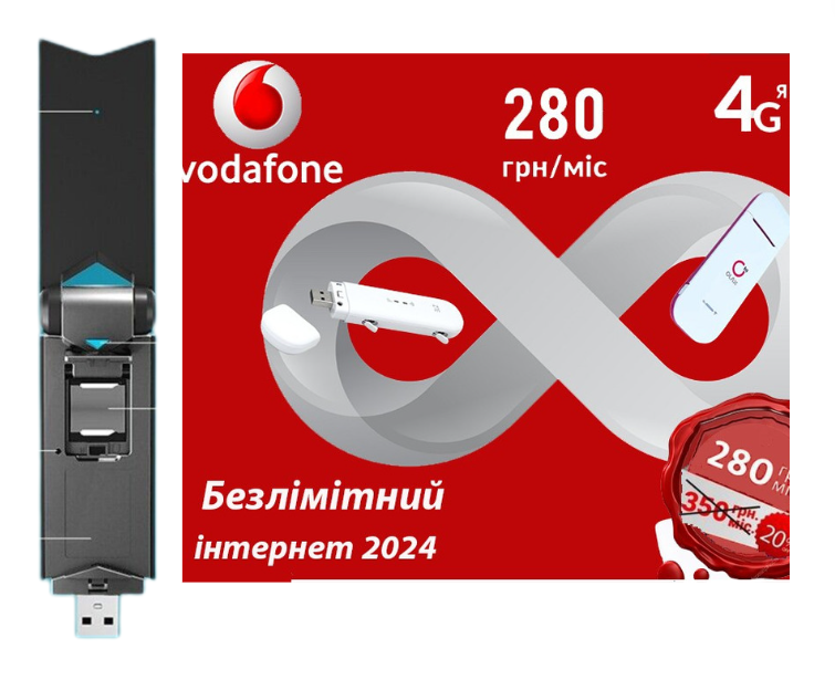 Стартовый пакет Vodafone Безлимитный интернет и роутер USB WI-FI 3G/4G LTE modem 3в1 с антенной 4db - фото 1