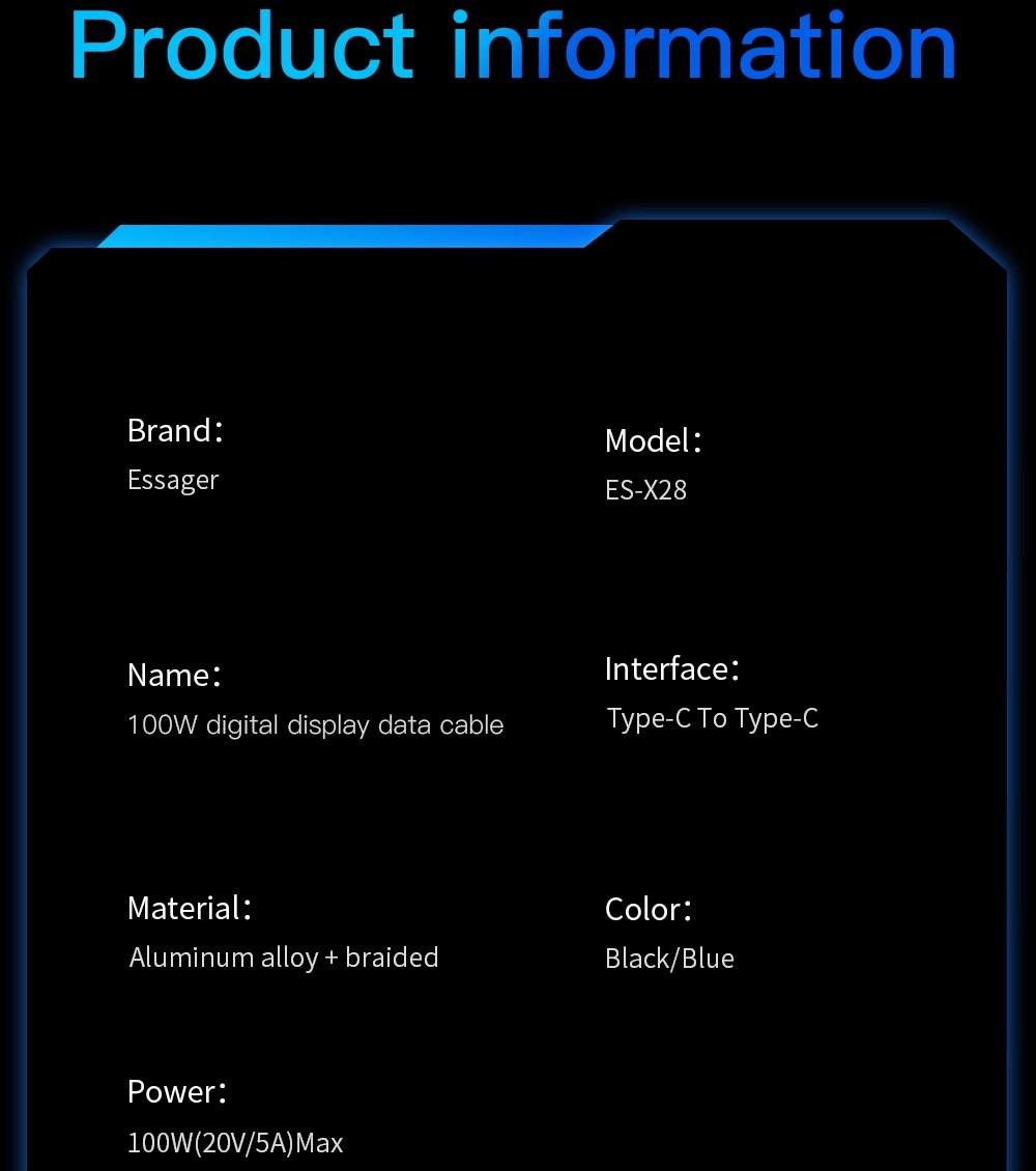 Кабель Essager Type-C PD 100W Fast Charge з дисплеєм 2 м Black (25397384) - фото 9 Кабель Essager Type-C PD 100W Fast Charge з дисплеєм 2 м Black (25397384) - фото 9