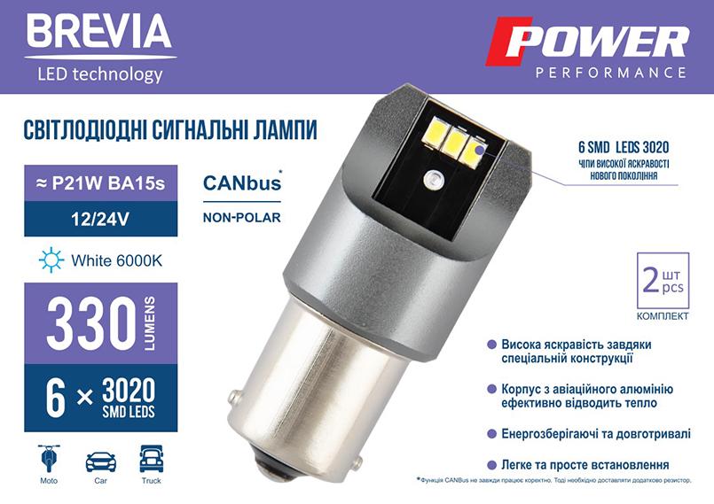 Автолампа LED Brevia Power P21W 330Lm 6x3020SMD 12/24V CANbus 2 шт. (10101X2) - фото 2