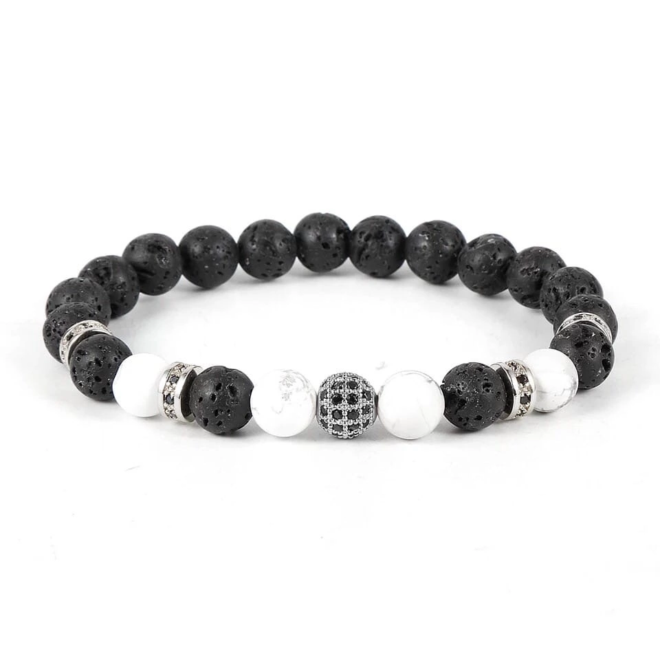 Браслет з лавового каменю та кахолонгу з кулею та дисками р. 16 Чорний/Білий
 (90101)
