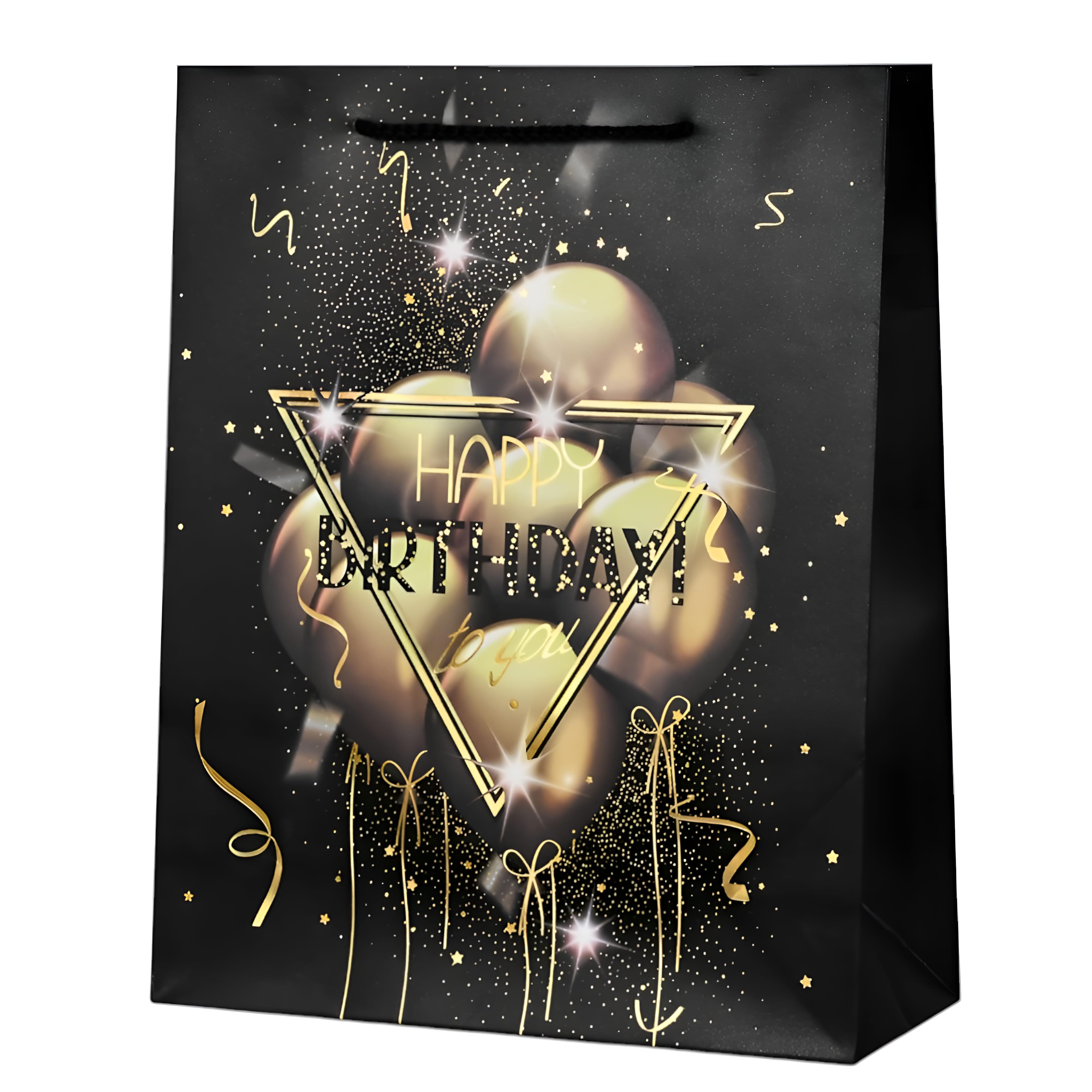 Подарунковий пакет із ручками Stenson Happy Birthday 18х23х8 см Чорний із золотим (R95519-S)