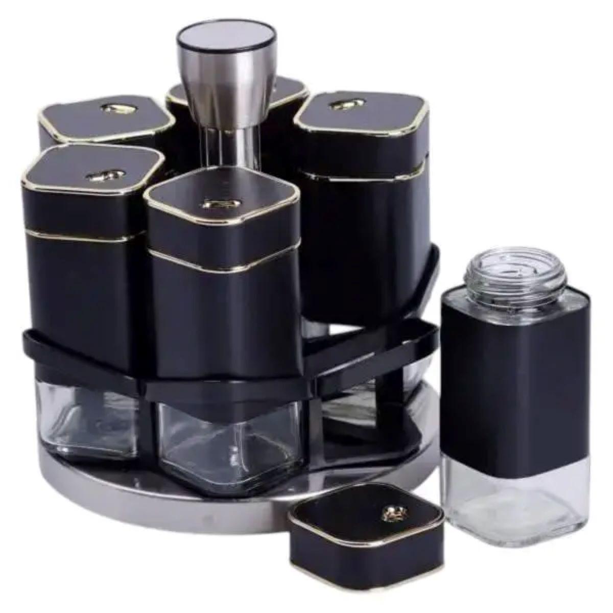 Набір баночок для спецій на підставці карусель 6 шт. по 120 мл Чорний (HP-1308) - фото 3 Набір баночок для спецій на підставці карусель 6 шт. по 120 мл Чорний (HP-1308) - фото 3