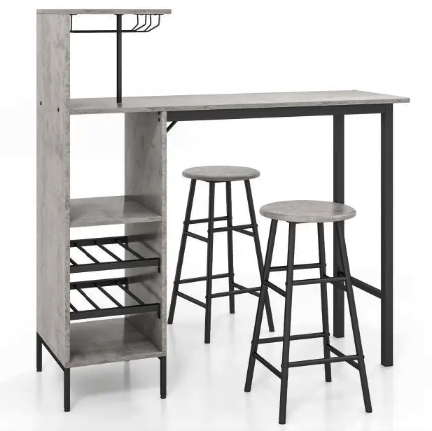 Барный стол со стульями Costway Bistro с держателем винных бокалов Серый (4770)