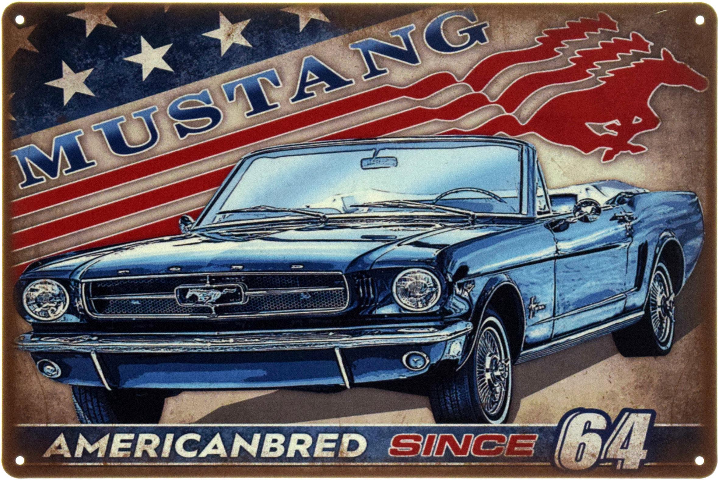Табличка металлическая "Ford Mustang American Bred Since 64" 20x30 см (ms-104569)