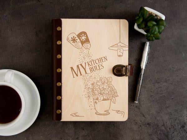 Книга для кулінарних рецептів WoodPresentStudio "My Kitchen Rules" 100 аркушів чорні без лінівки Світле дерево