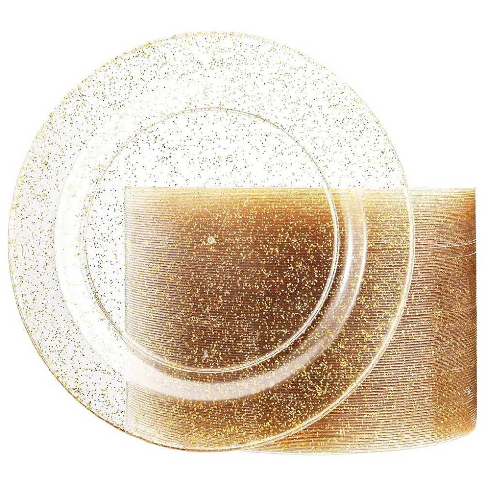 Набор пластиковых тарелок круглые с блестками десертные 19 см и обеденные 26 см 12 шт. Золотой/Прозрачный