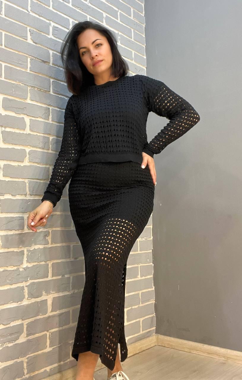 Костюм женский MINTAS 4204-2414 ажурная вязка реглан с юбкой OS Черный (1884) - фото 4 Костюм женский MINTAS 4204-2414 ажурная вязка реглан с юбкой OS Черный (1884) - фото 4
