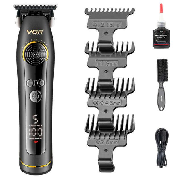 Триммер для бороды/усов и волос аккумуляторный VGR V-299 USB LCD-дисплей/T-лезвие 40 мм/5 скоростей/4 насадки (33484050)