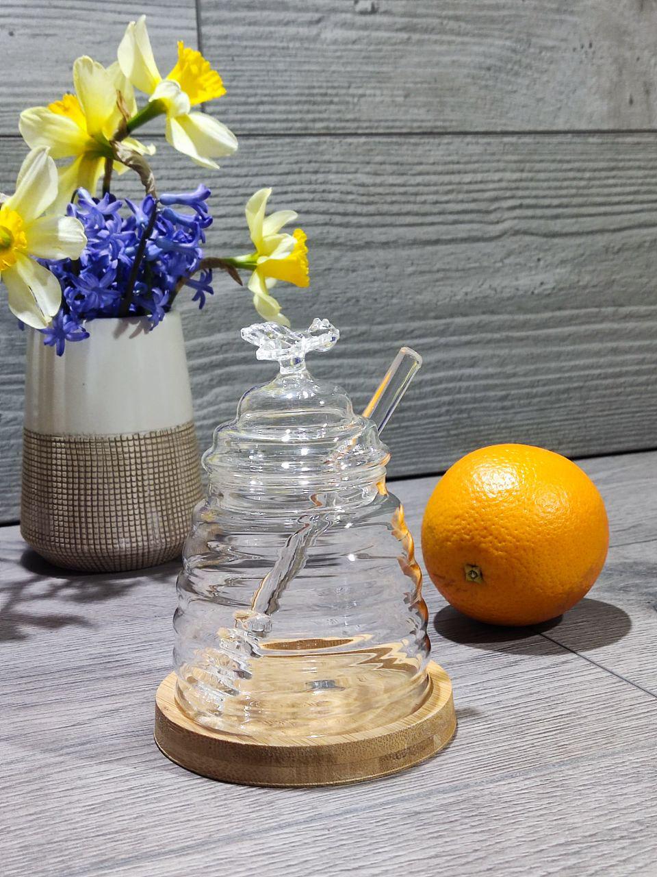 Банка для меду з ложкою Stenson на бамбуковій підставці 10х13 см Прозорий (R30171M)