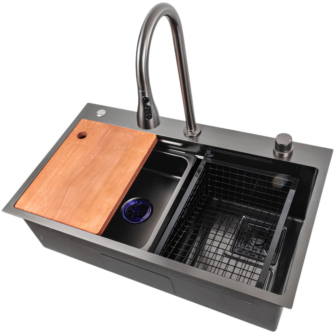 Мийка кухонна Platinum 75х45A PVD з режимом Водоспад та 2 лотками для продуктів Чорний (є257)