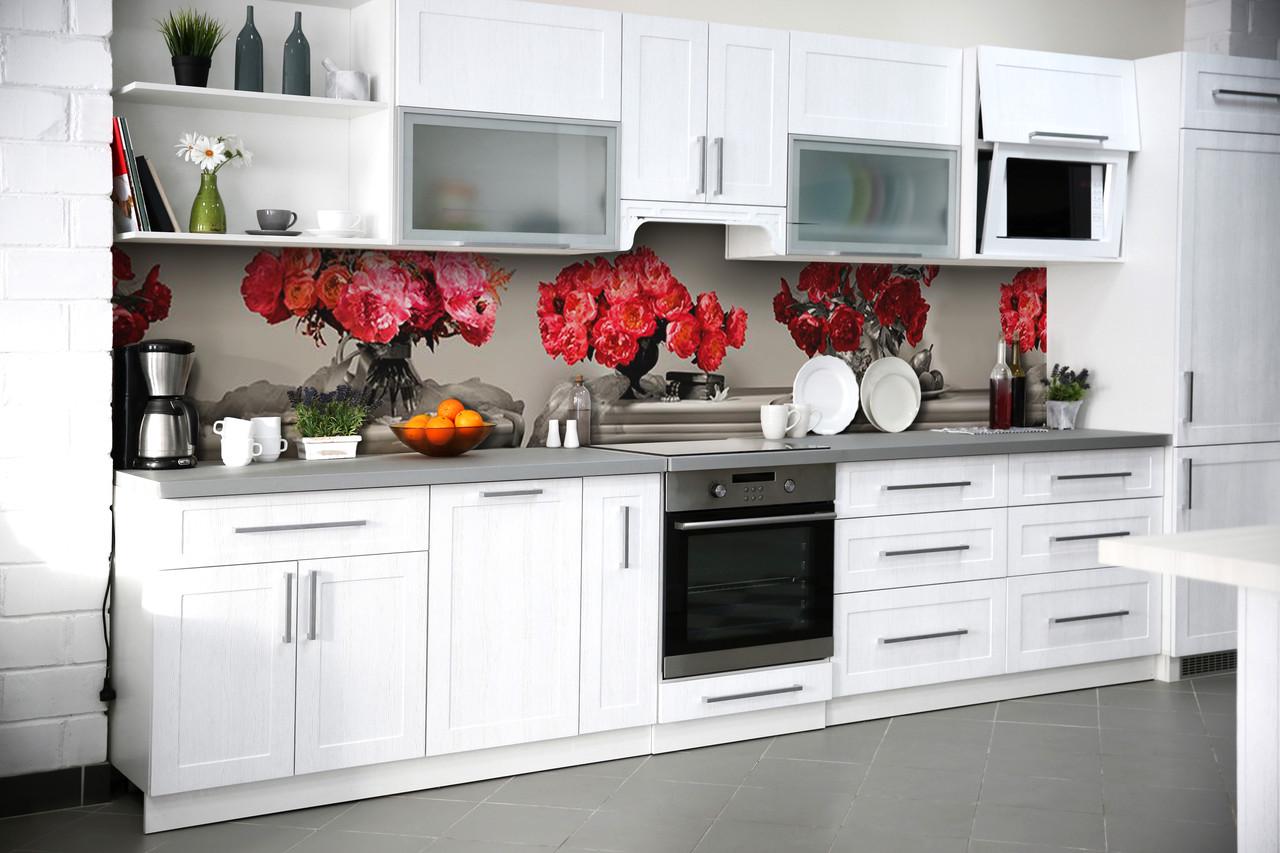 Кухонный фартук Красные пионы/Букеты из самоклеющейся виниловой пленки 60х300 см Серый