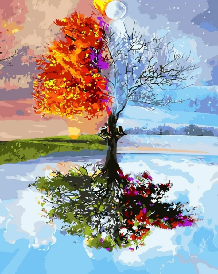 Картина по номерам Strateg Премиум Дерево времени года с лаком и уровнем 40x50 см (VA-2216)