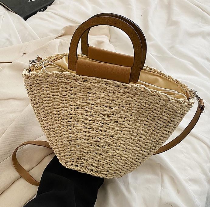 Сумка-кроссбоди плетеная ANGELA с деревянными ручками и длинным ремешком Молочный