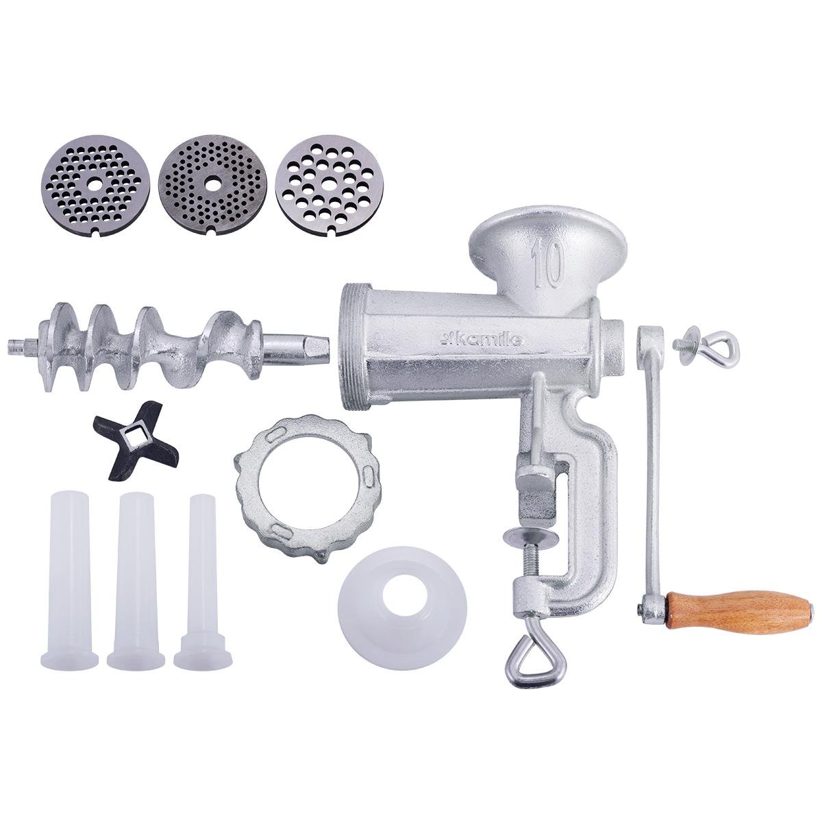 Мясорубка механическая Kamille KM-6523 чугунная с деревянной ручкой и 3-мя решетками 23,5х11,8х27,8 см Серый (124-84-6523)