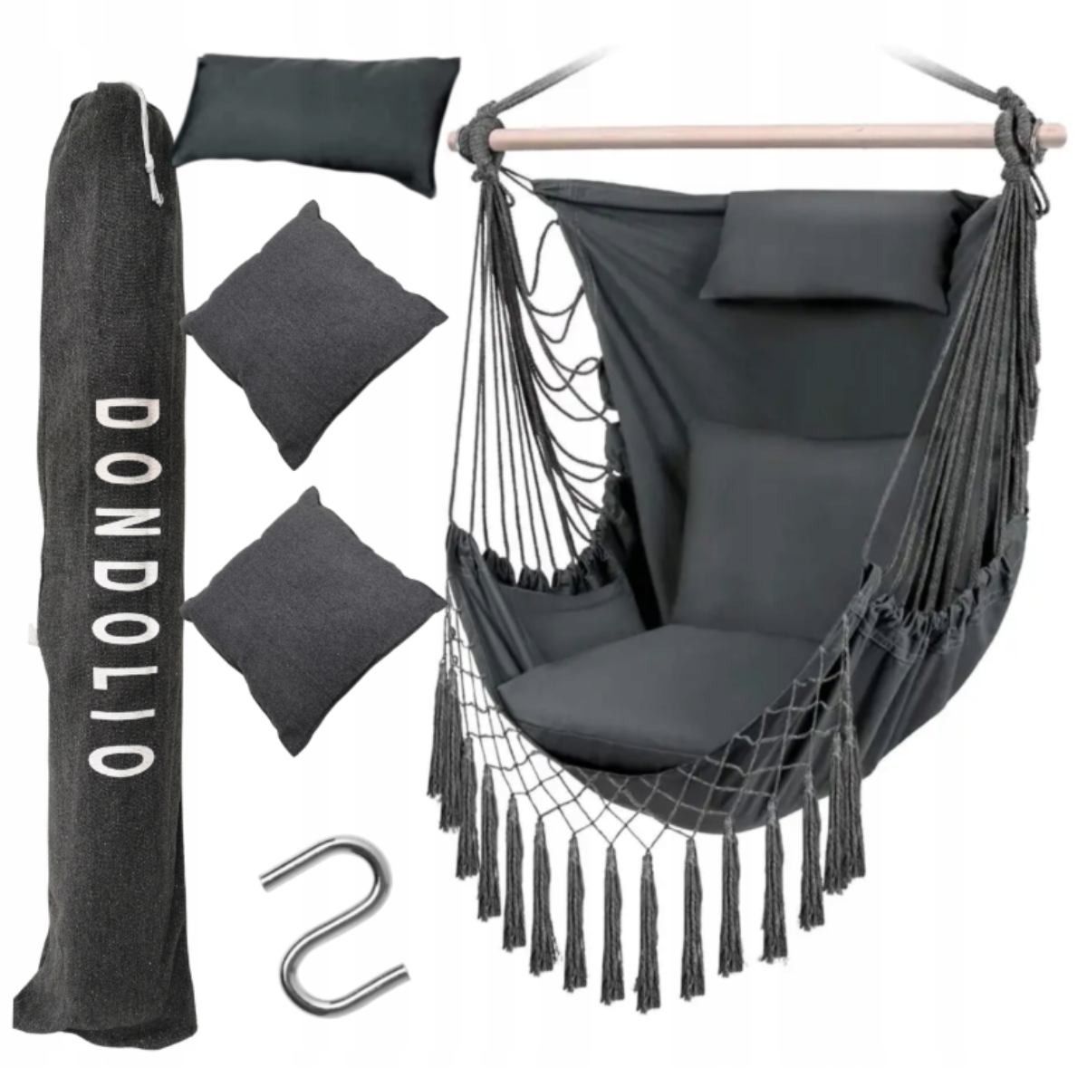 Кресло-гамак бразильский подвесной 3 подушки/крючок Серый (100867)