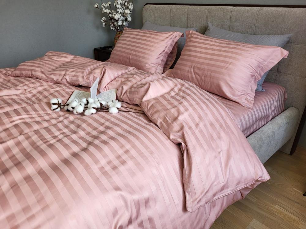 Комплект постельного белья PREMIUM Stripe сатин 2/2 см полуторний на резинке Powder pink (2108346107)