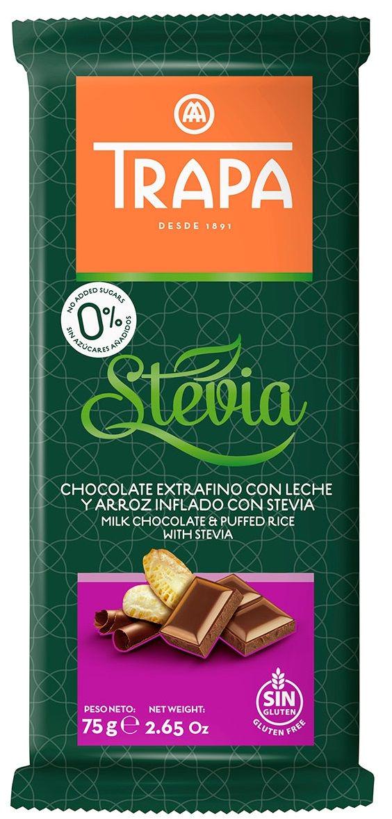 Шоколад без глютену/цукру Trapa Stevia Молочний з рисовими кульками 75 г (8410679030055)
