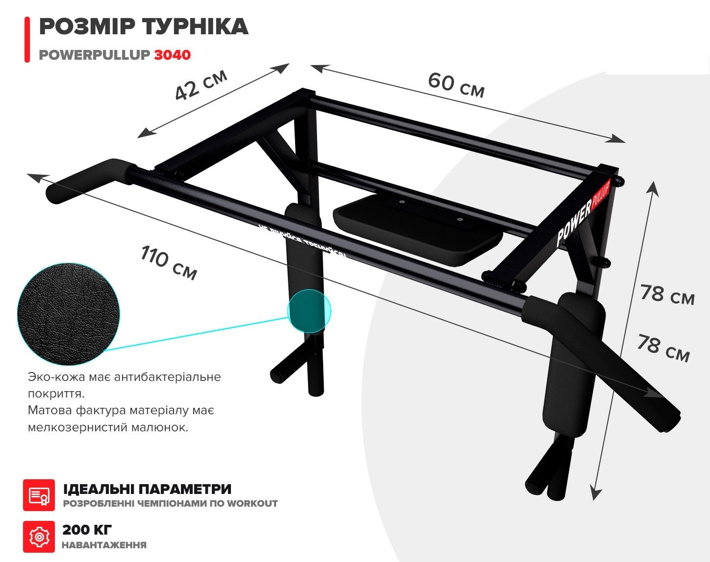 Турнік бруси на стіну PowerPullUp з упором для пресу Чорний (p3040-black) - фото 4