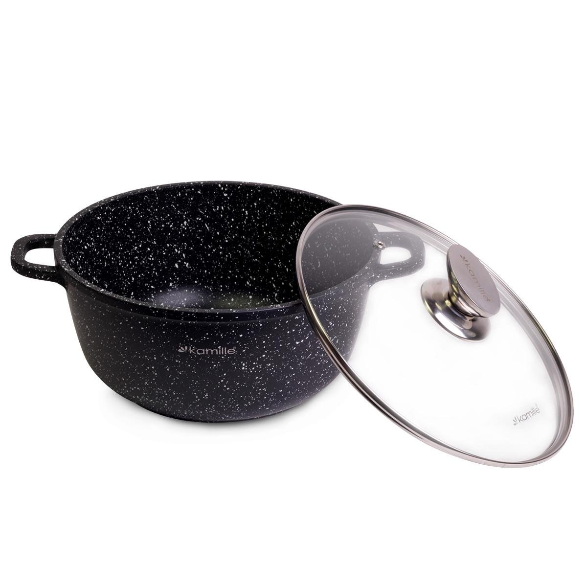 Каструля зі скляною кришкою та антипригарним покриттям Kamille КМ-4405 з литого алюмінію 4,5 л Чорний мармур (150-84-4405) - фото 2 Каструля зі скляною кришкою та антипригарним покриттям Kamille КМ-4405 з литого алюмінію 4,5 л Чорний мармур (150-84-4405) - фото 2