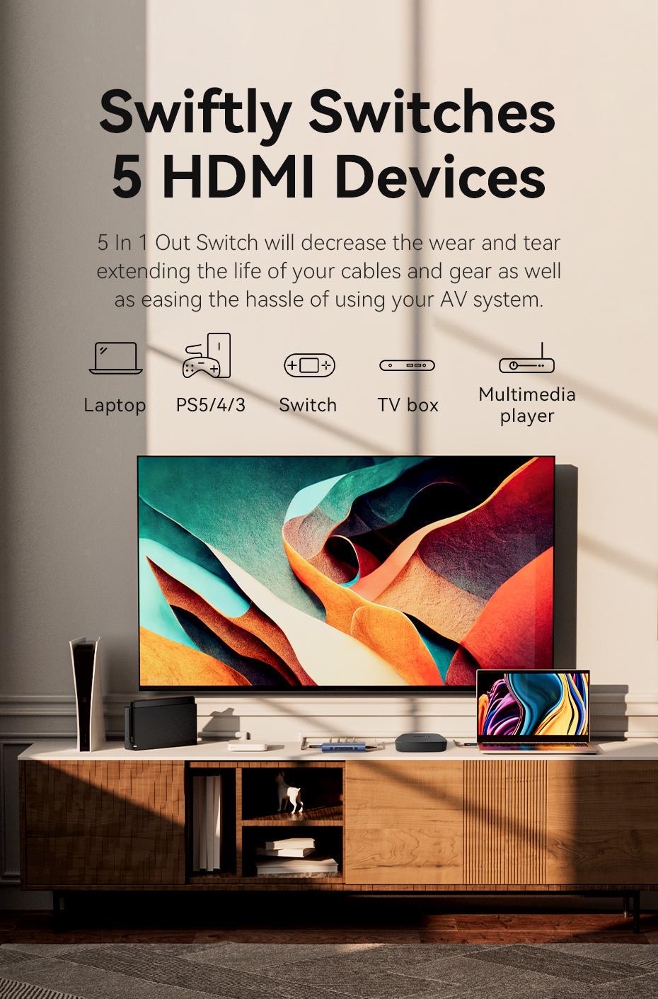 Комутатор HDMI Vention 5x1 з виведенням звуку Toslink 3,5 мм 4K 60Hz HDR HDMI 2.0 алюмінієвий з пультом ДК Синій (AKDL0) - фото 4 Комутатор HDMI Vention 5x1 з виведенням звуку Toslink 3,5 мм 4K 60Hz HDR HDMI 2.0 алюмінієвий з пультом ДК Синій (AKDL0) - фото 4