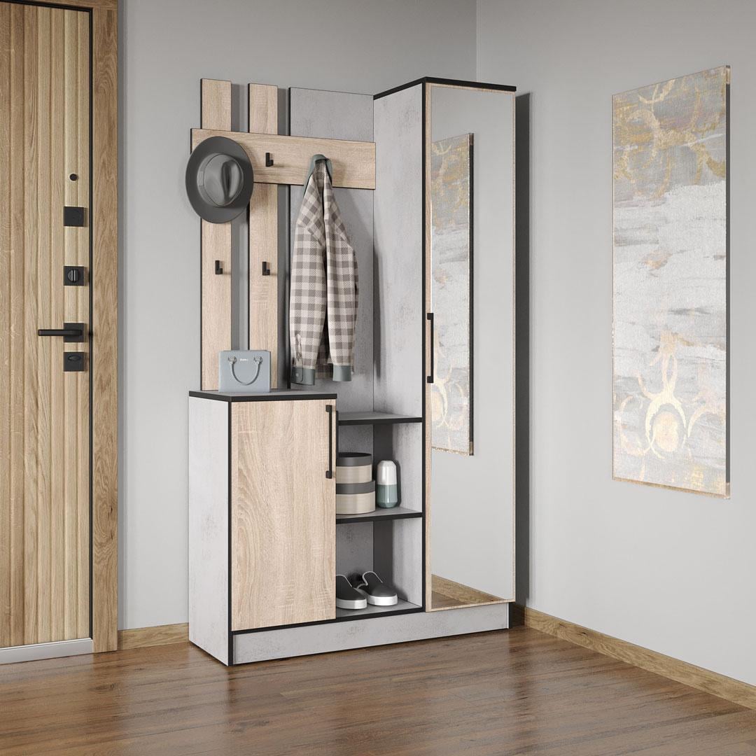 Передпокій Moreli KO-0004 з дзеркалом/дверцятами та гачками для одягу 1002х1800х372 мм Бетон Тефра/Дуб сонома (27687724)