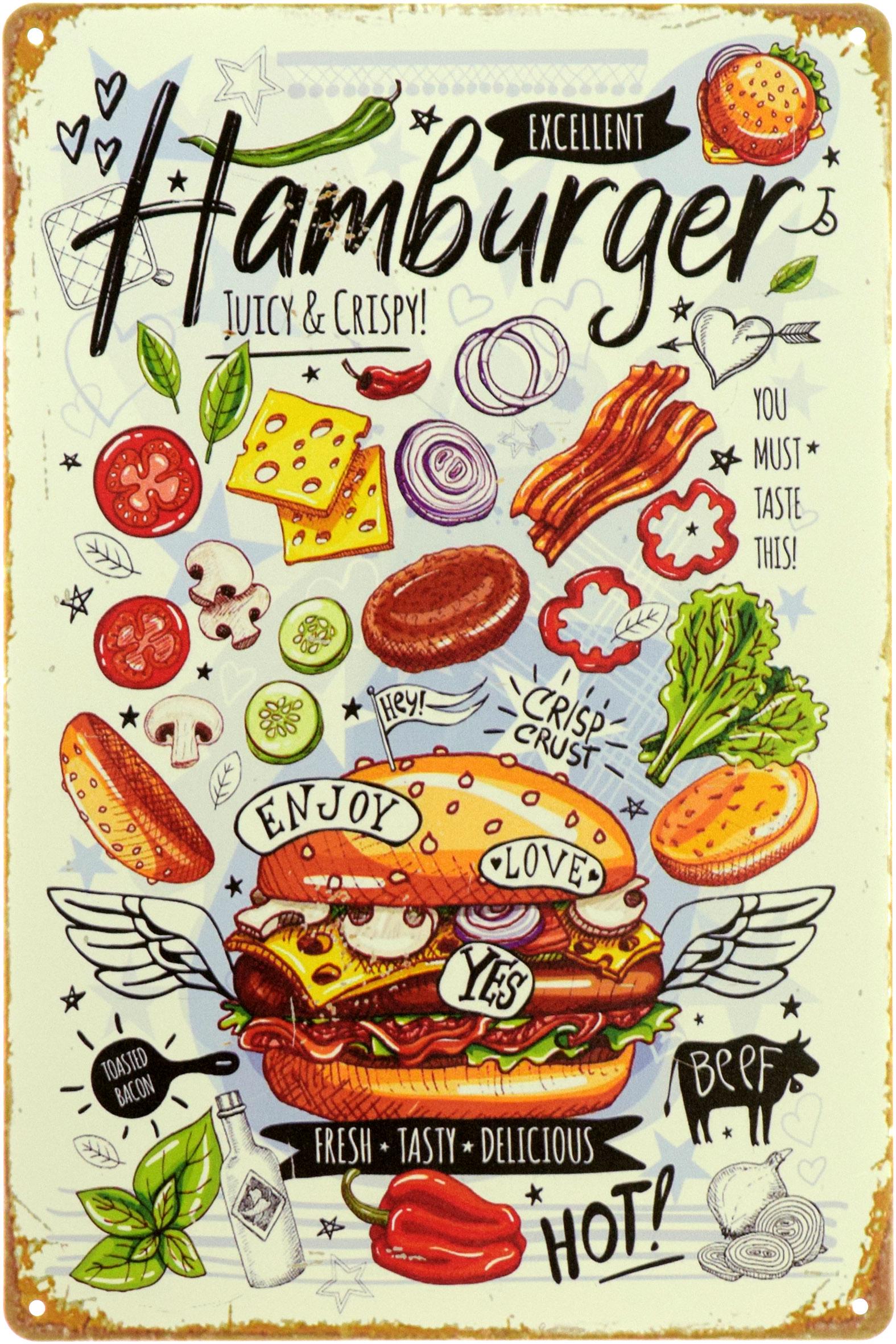 Табличка металлическая "Hamburger Juicy&Crispy" 20x30 см (ms-104025)