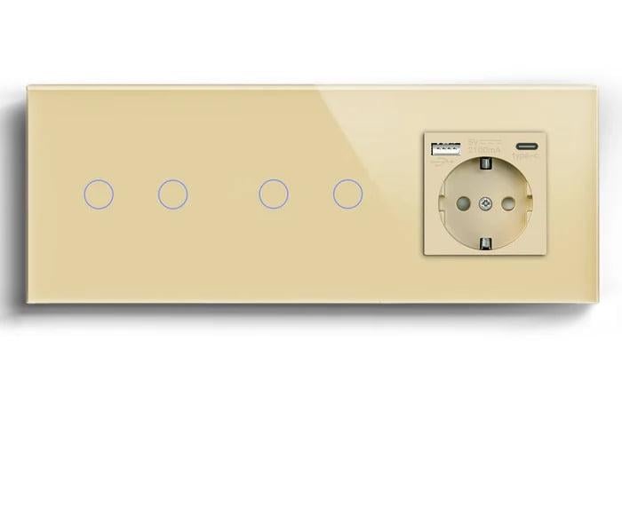 Выключатель сенсорный LUXION 4 сенсоры 2-2 с розеткой USB A+C 20Вт с заземлением/шторками стекло Золотой
