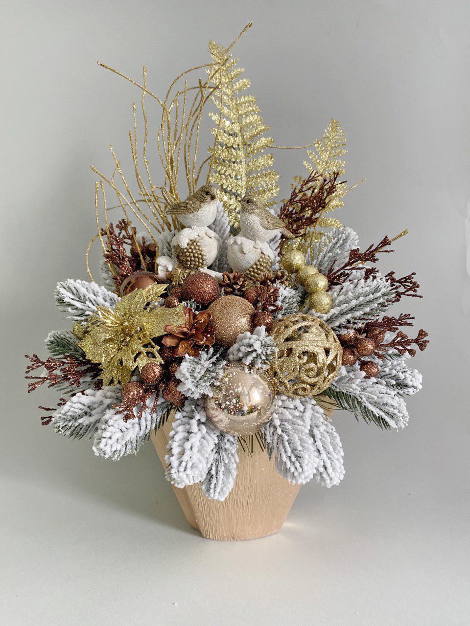 Новогодняя композиция Птички в лесу Золотой/Бронзово-коричневый