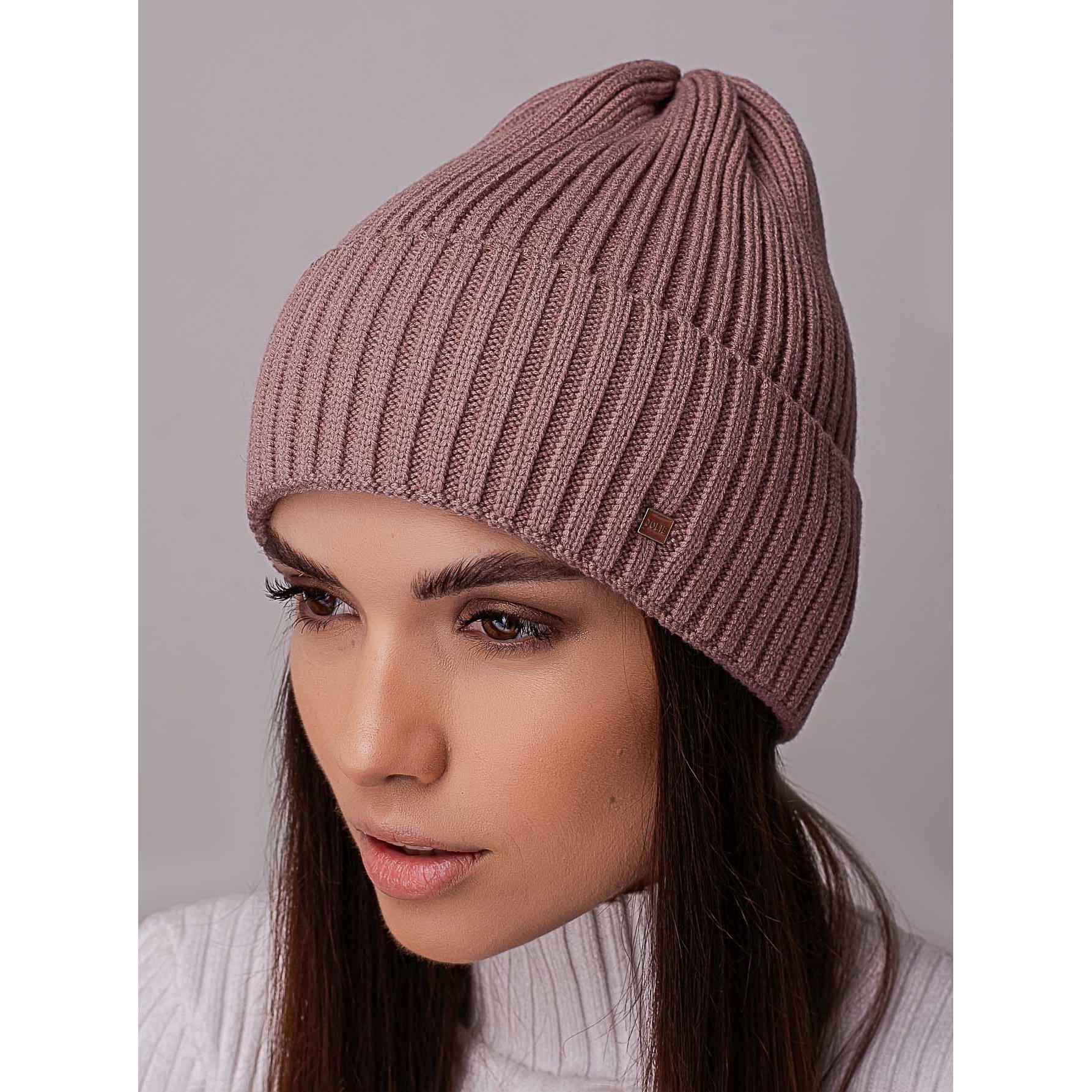 Шапка жіноча ковпак з відворотом без підкладки в широкий рубчик Leks Ковель Темна пудра - фото 1