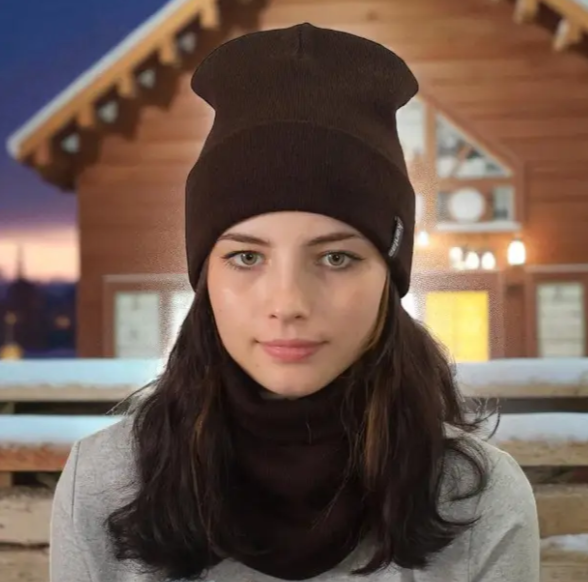 Комплект вязаный женская шапка со снудом на флисе One Size Коричневый (29546975)