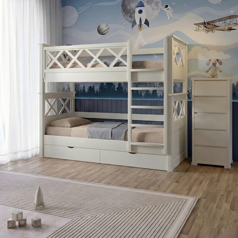 Кровать двухъярусная деревянная Mebigrand Мальта с ящиками 90x200 см Айвори (MBG-2296)
