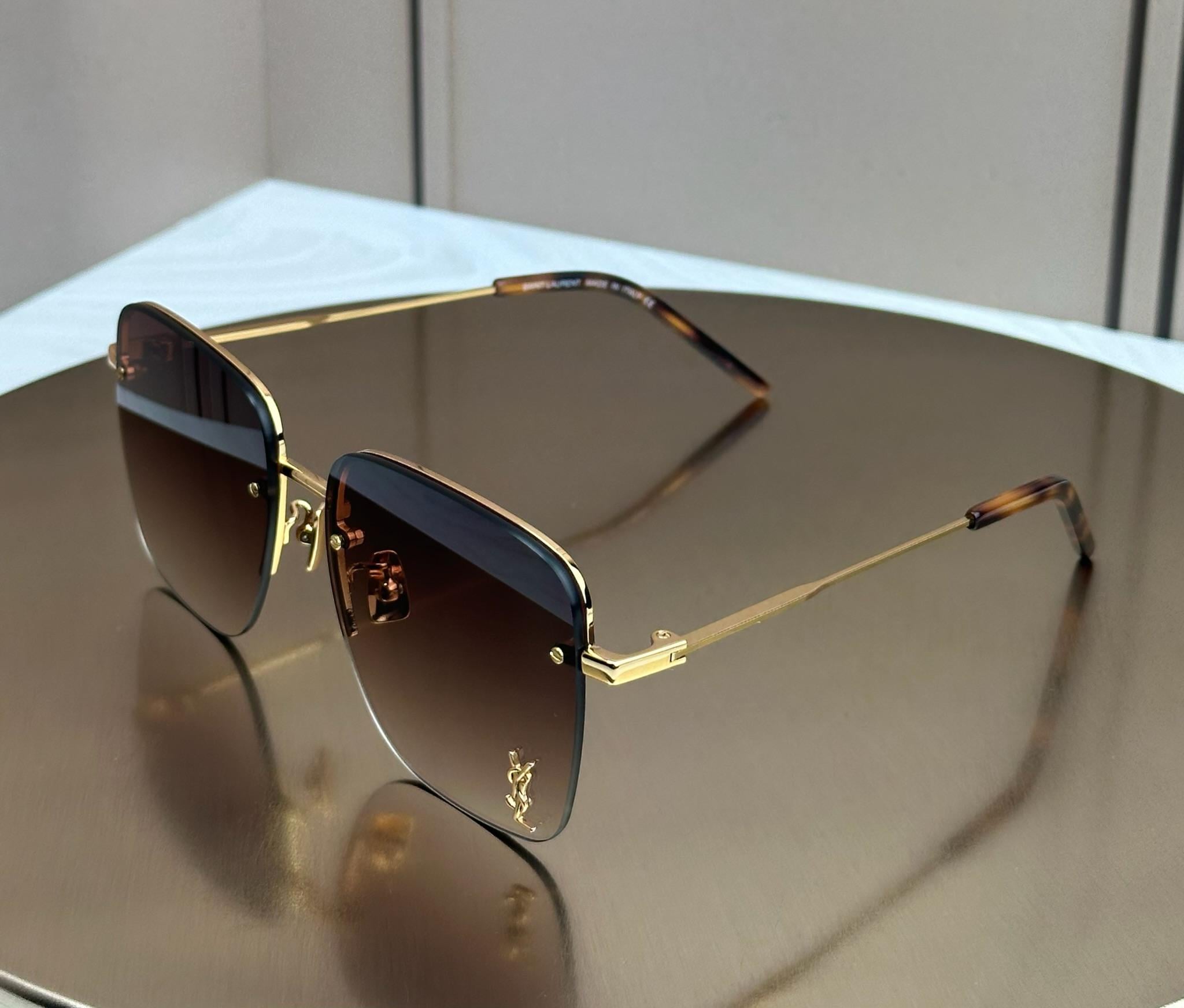 Солнцезащитные очки Saint Laurent SL 312M квадратные безободочные коричневая линза скобки женские Золотой