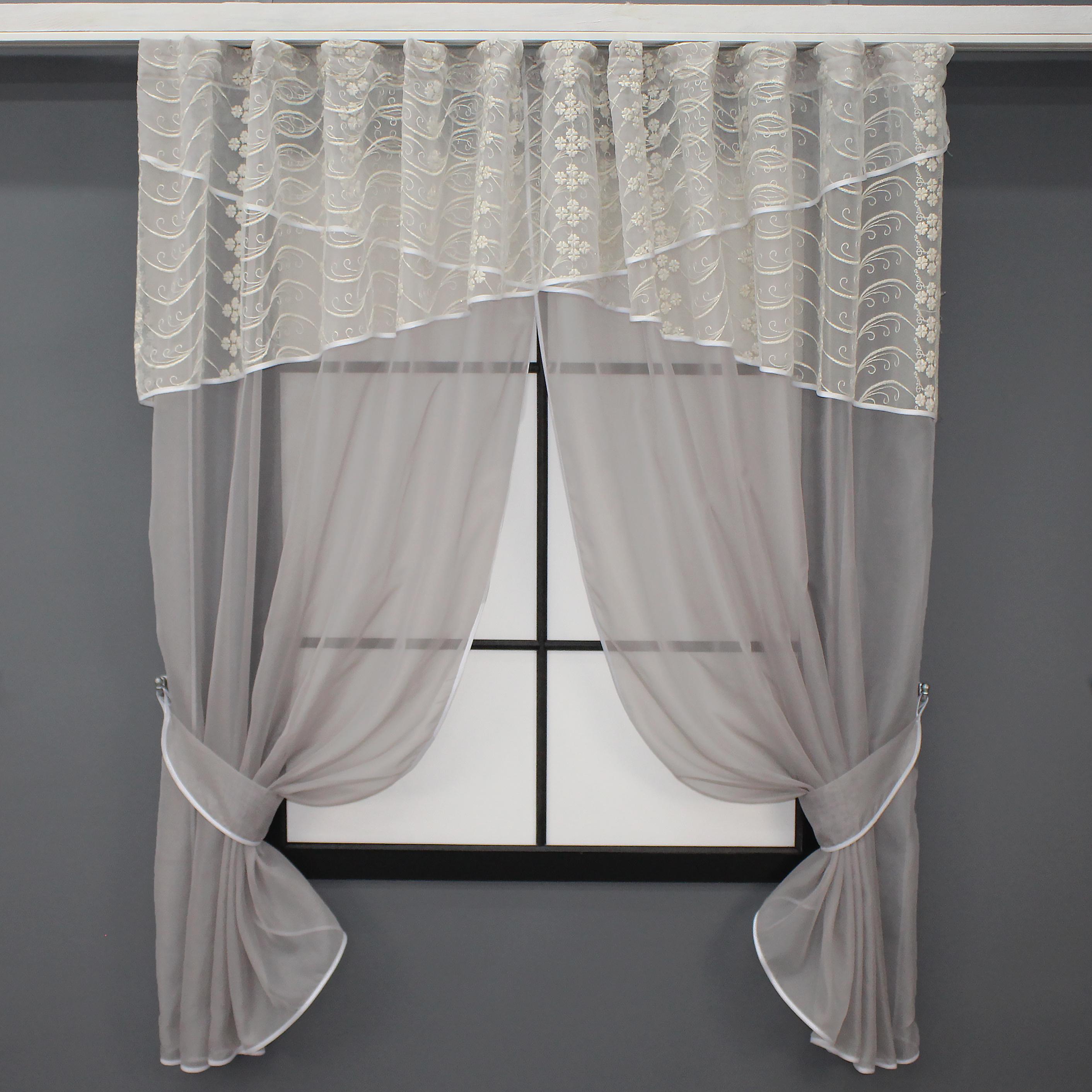 Шторы кухонные VR-Textil № 091к с ламбрекеном 270х170 см Серый/Бежевый (52-0735)