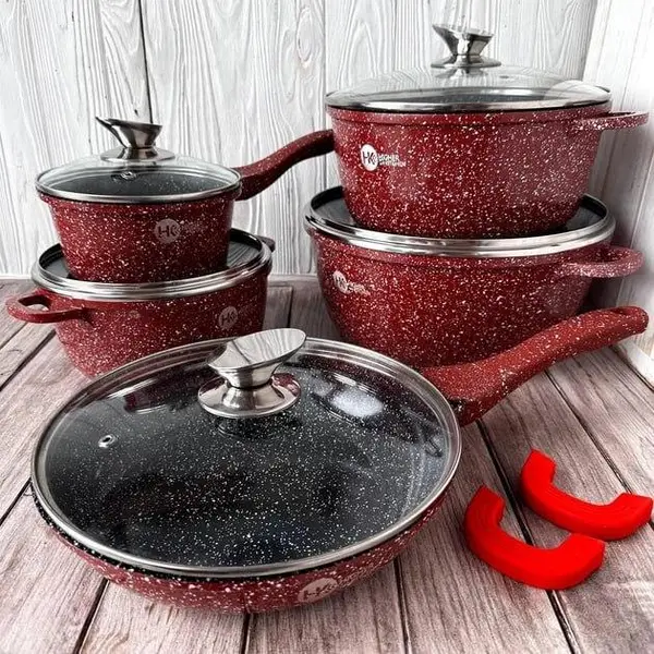 Набір посуду з 10 предметів BellMax BM-305 каструлі сковорода сотейник з кришками та гранітним антипригарним покриттям Червоний Набір посуду з 10 предметів BellMax BM-305 каструлі сковорода сотейник з кришками та гранітним антипригарним покриттям Червоний