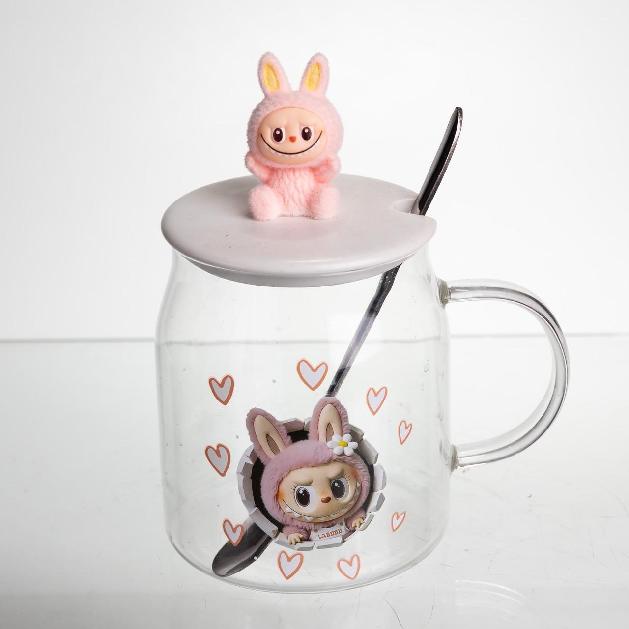 Чашка стеклянная с крышкой и ложкой Light House Лабуба LG-30141 CL PK 600 мл для чая Розовый