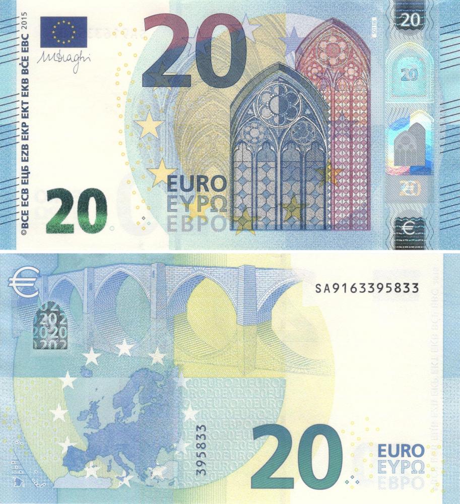 Коллекционная банкнота Ирландия Италия 20 ЕВРО 2015 SА S011 Драги UNC (Б09542)