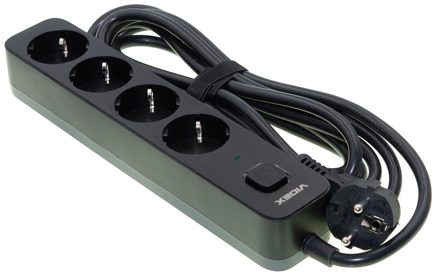 Удлинитель сети VIDEX ONCORD с кнопкой с/с 4п 3 м 3x1,5 мм Black (VF-PD43G-B)