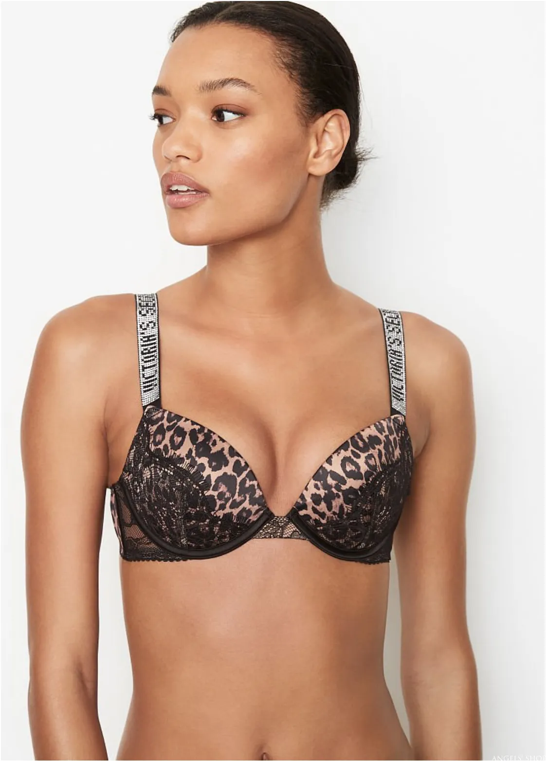 Бюстгальтер мереживний зі стразами з пуш ап Victoria's Secret Shine Strap Lace Push-Up Bra 85 С Леопардовий (19369895)