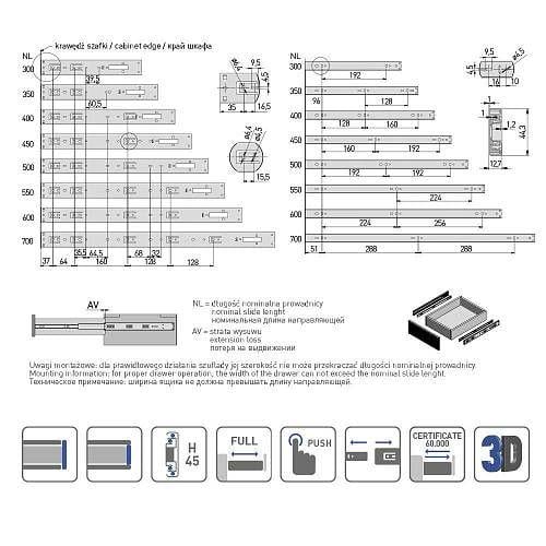 Направляющие шариковые GTV 500 Versalite PLUS с доводчиком (PK-L-H45-500) - фото 2