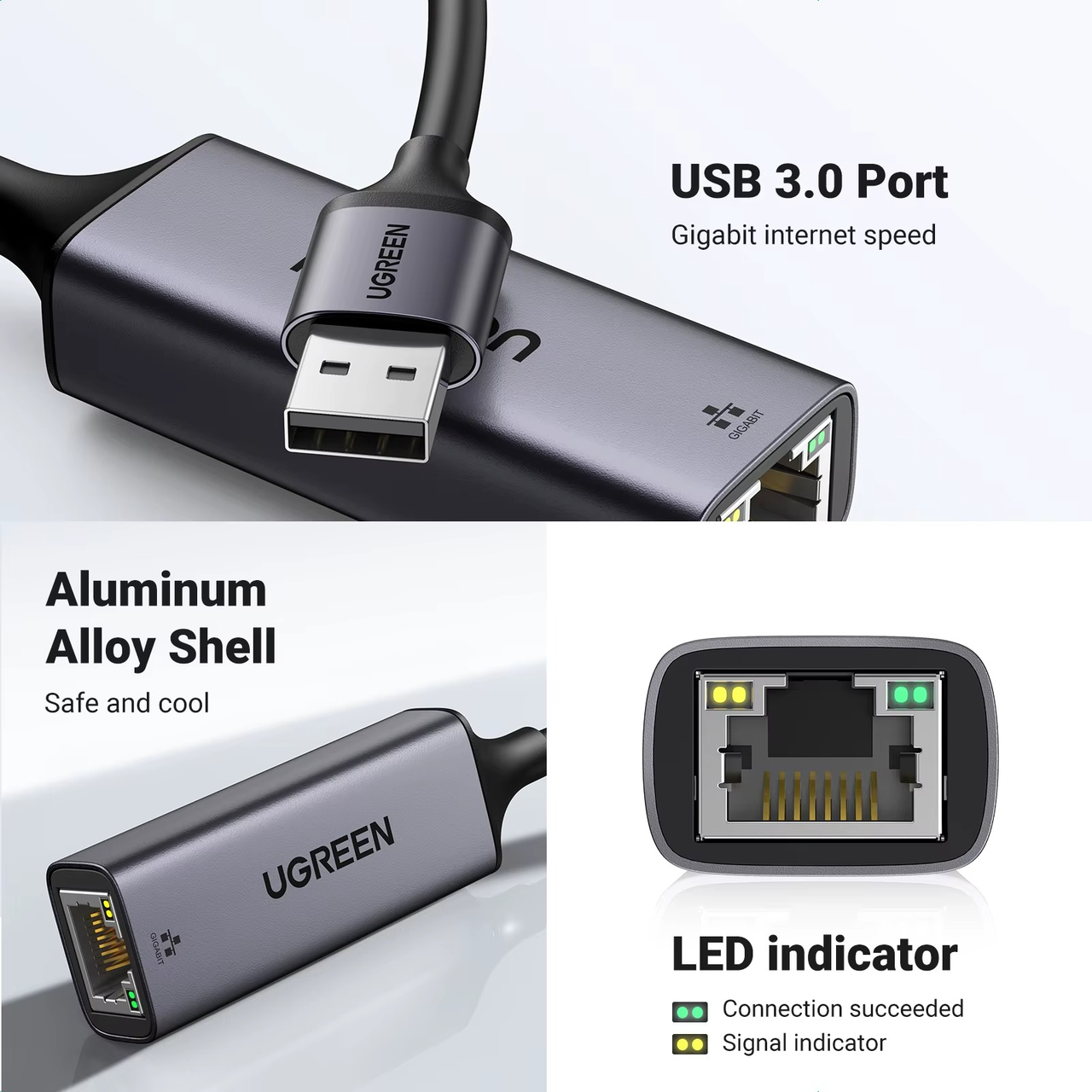 Адаптер сетевой UGREEN CM209 USB-A Gigabit Ethernet Adapter RJ45 1000mb/s (2000180) - фото 3 Адаптер сетевой UGREEN CM209 USB-A Gigabit Ethernet Adapter RJ45 1000mb/s (2000180) - фото 3