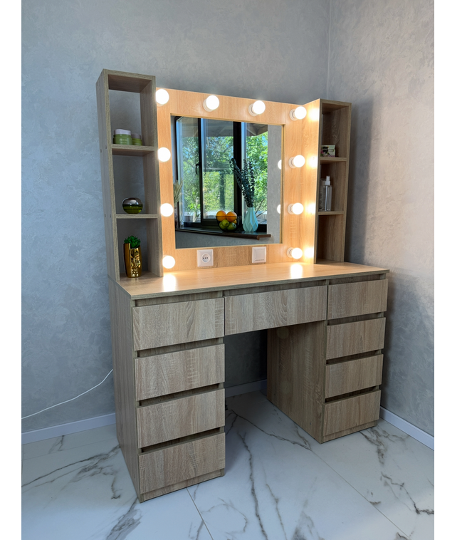 Макияжный столик с подсветкой/розеткой 9 ящиков ДСП 1600х1200х500 мм Дуб санома (STPP9) (Stpp9)