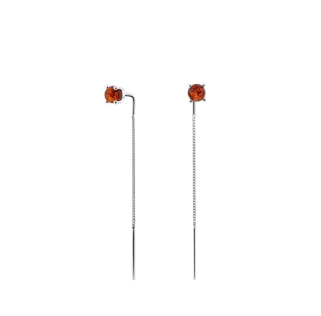 Серьги протяжки Шарик с янтарем серебро 925 пробы 1,19 г (895)