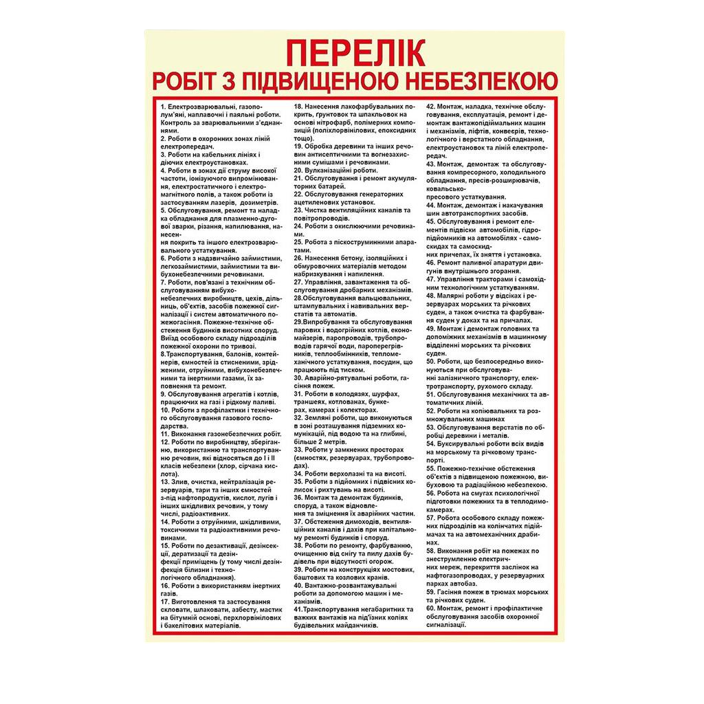 Інформаційний стенд Перелік робіт з підвищеною небезпекою з ламінацією 550х800 мм ПВХ 3 мм (81807)
