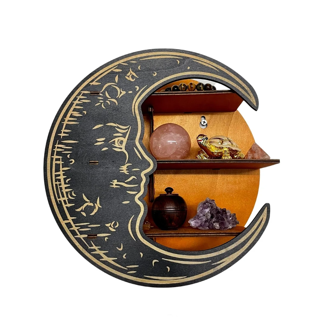 Полка настенная Луна деревянная с 3 полками для украшений и декора Yellow