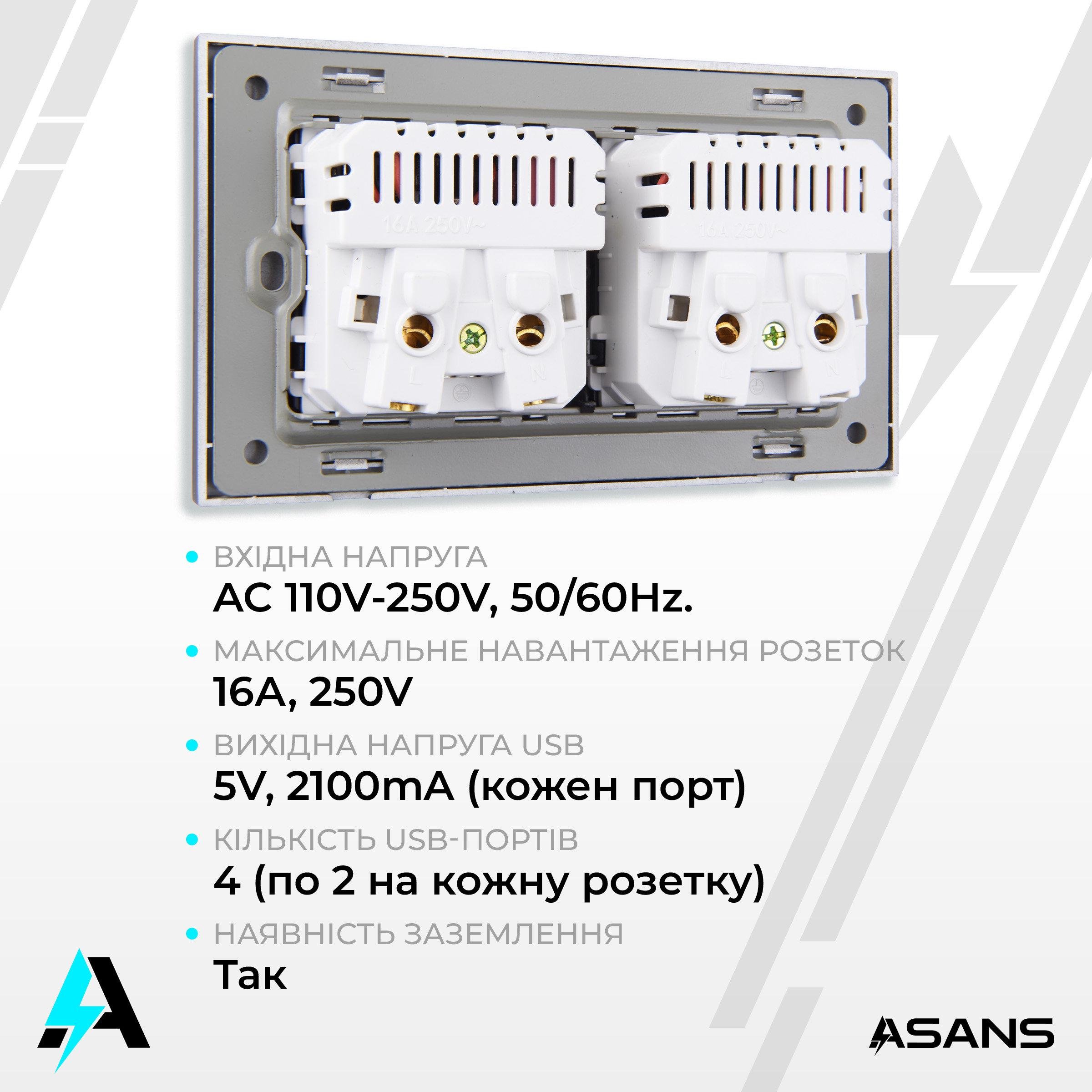 Розетка європейська Asans подвійна з 4 USB портами для заряджання Чорний матовий (20109849) - фото 4