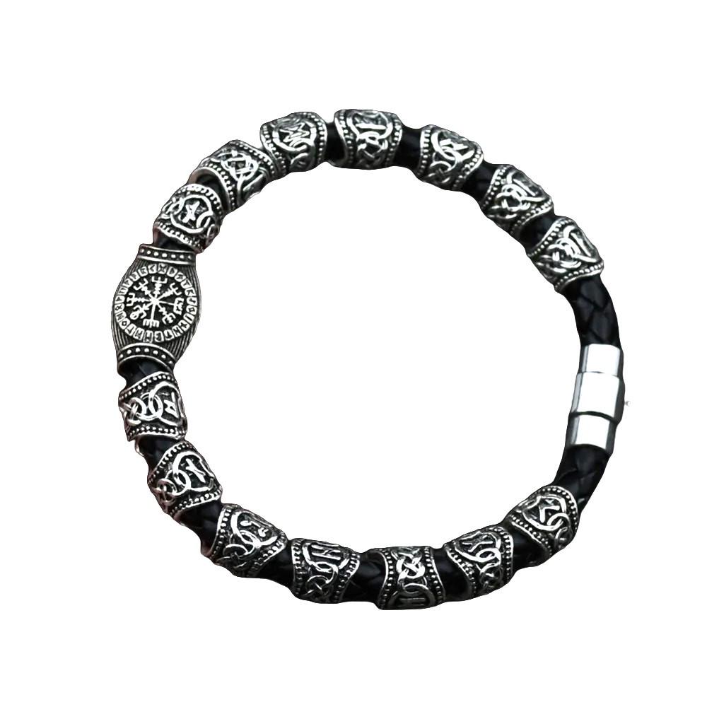 Браслет кожаный Vikingos с 15 скандинавскими рунами 20 см Серебристый (2092861082)