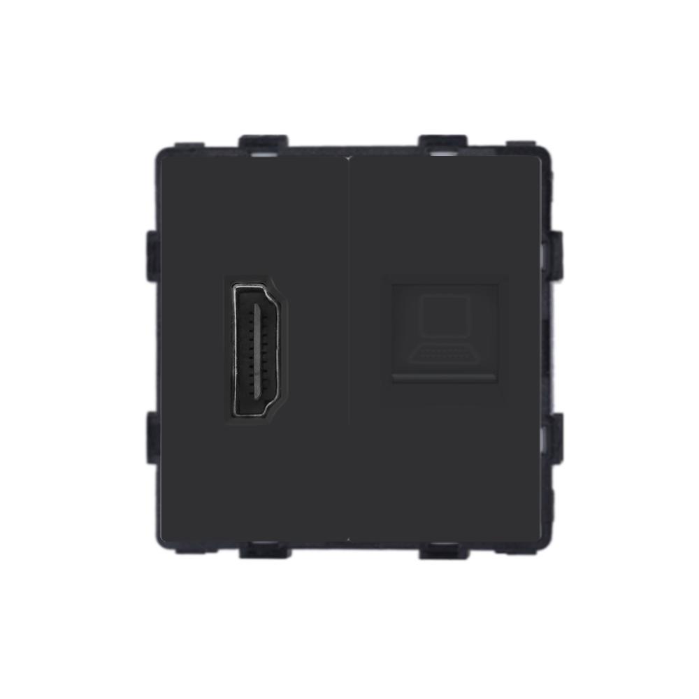 Розетка компьютерная ELIOS RJ-45/HDMI настенная дизайнерская стеклянная рамка Черный (86-HDMCAT6-BK)