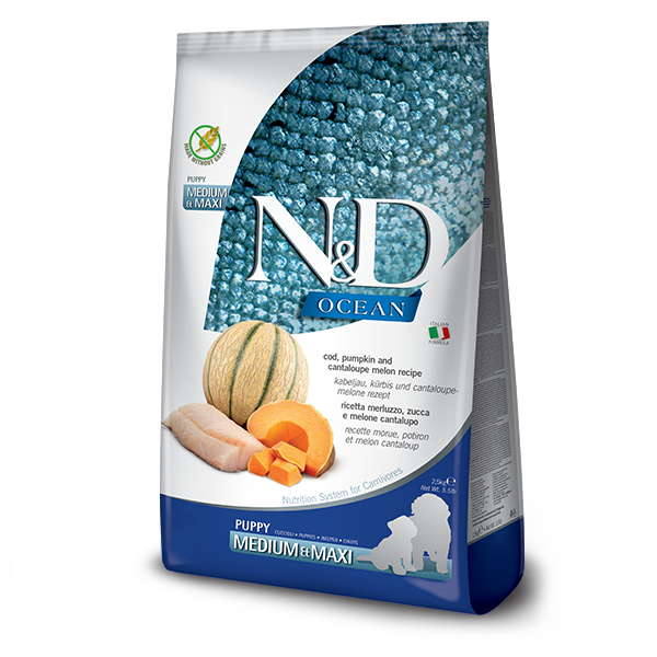 Корм сухой для щенков N&D Grain Free OCEAN COD PUMPKIN & CANTALOUPE MELON PUPPY MEDIUM & MAXI с треской/тыквой и дыней 2,5 кг (38807)