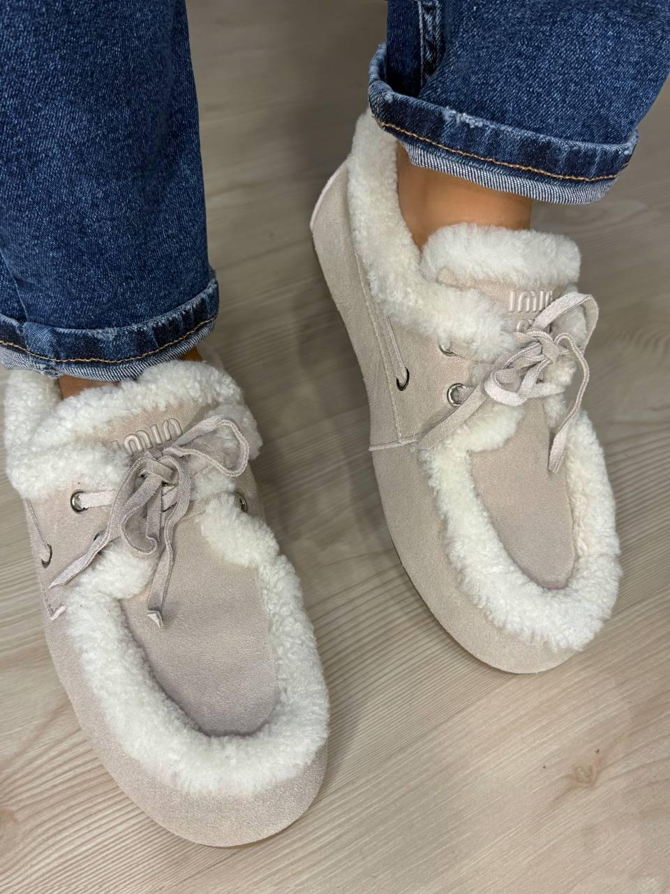 Ботинки женские Hengji 992-11 замшевые мокасины на меху с опушкой р. 38 Бежевый (5472)