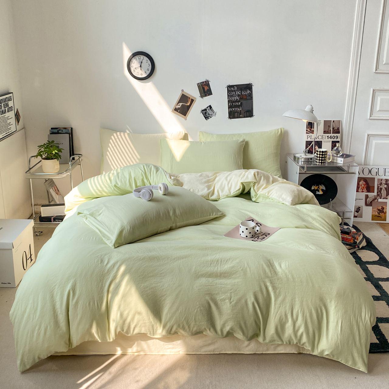 Комплект постельного белья Тень сатин семейный/наволочки 50х70/70х70 см Молочный/Салатовый (6851) - фото 1